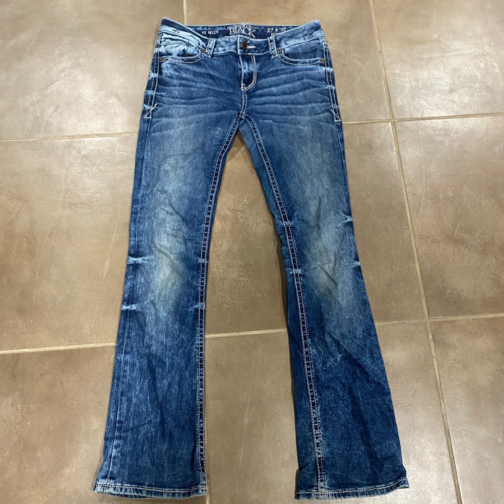 Buckle black boot cut jeans